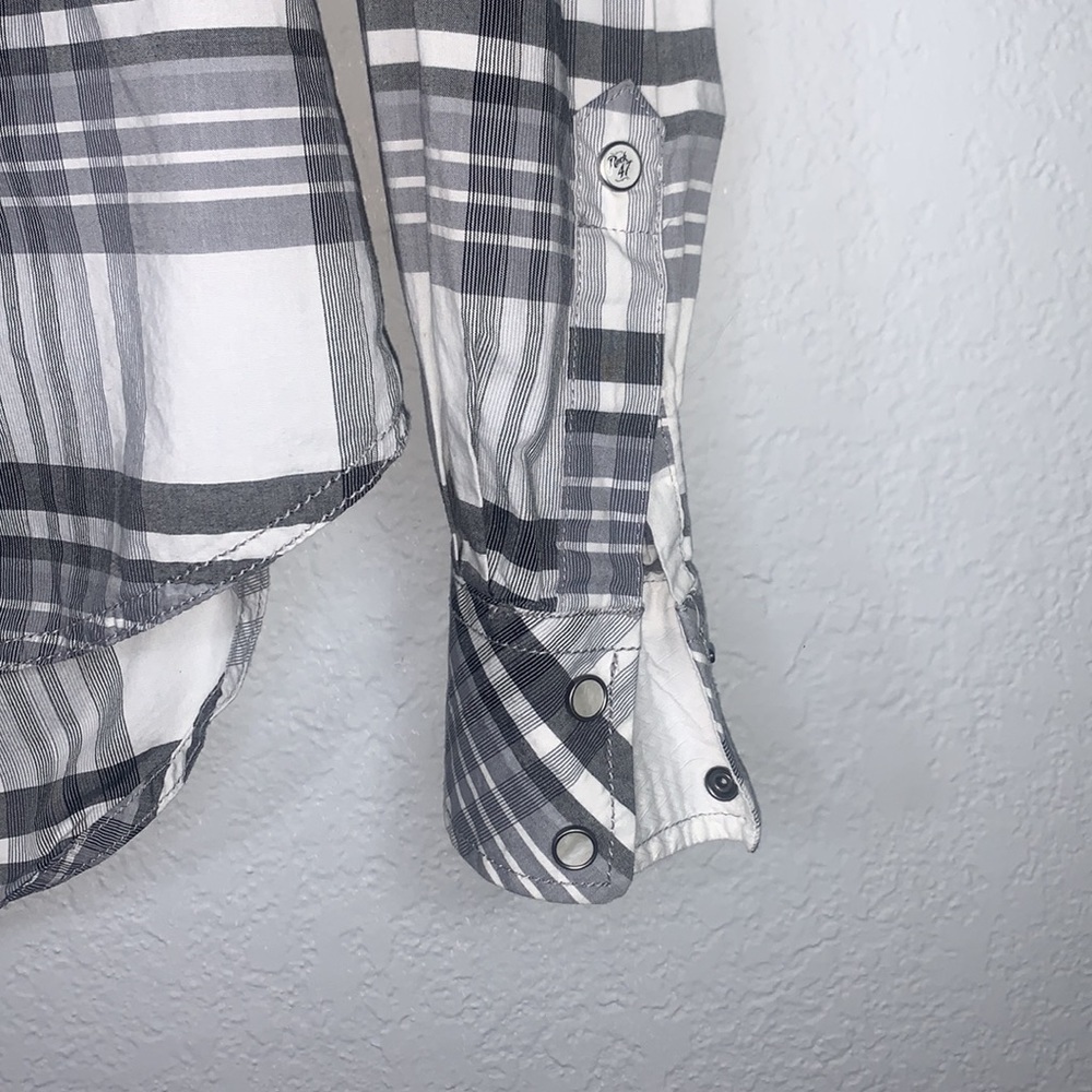 Rock 47 Wrangler Gray White Plaid Western Pearl Snap Shirt Long Sleeve Small - Picture 4 of 9